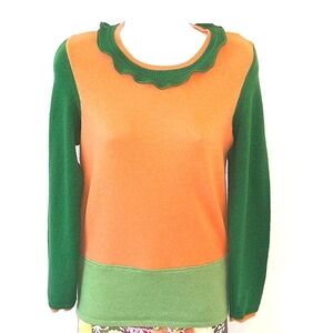 Cashmere Color Block Orange Green Recycled Pullover Sweater Small St. Patrick's